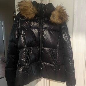Women’s Aqua Black Fur Trimmed Hooded Puffer Sz XL